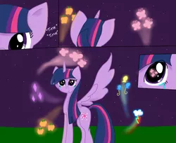 Size: 662x539 | Tagged: safe, artist:pinkamena2000, derpibooru import, twilight sparkle, twilight sparkle (alicorn), alicorn, pony, crying, female, horn, image, jpeg, mare, night, onomatopoeia, smiling, sound effects, spread wings, stars, tears of joy, wings