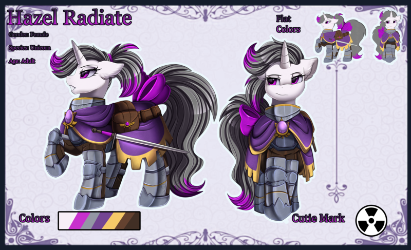 Size: 4152x2529 | Tagged: safe, artist:pridark, derpibooru import, oc, oc:hazel radiate, unofficial characters only, pony, unicorn, armor, cutie mark, female, gritted teeth, high res, horn, image, looking at you, mare, png, raised hoof, reference sheet, simple background, smiling, solo, sword, teeth, unicorn oc, weapon, white background