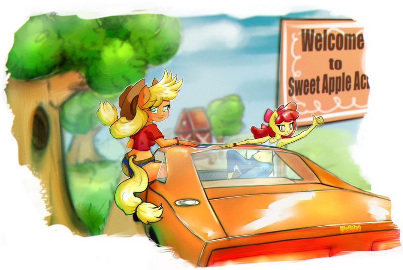 Size: 1730x1162 | Tagged: safe, artist:mistleinn, derpibooru import, apple bloom, applejack, anthro, pony, belly button, butt, car, clothes, crossover, dodge charger, dukes of hazzard, duo, female, general lee, hat, image, jeans, jpeg, midriff, pants, siblings, sisters, sitting