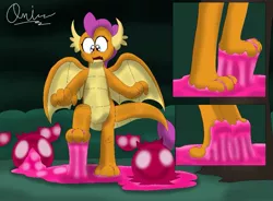 Size: 1187x875 | Tagged: safe, artist:onimagmachan, derpibooru import, smolder, dragon, berry, bubblegum, chewing gum, claws, cute, feet, female, fetish, food, foot fetish, forest, fruit, gum, image, jpeg, legs, pictures of legs, puddle, solo, sticky, stuck, tail, toes, trapped, tree, underfoot