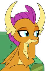 Size: 1315x1981 | Tagged: safe, artist:frownfactory, derpibooru import, smolder, dragon, couch, cute, dragoness, female, horns, image, png, simple background, sitting, smiling, smolderbetes, solo, transparent background, wings