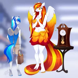 Size: 1200x1200 | Tagged: safe, artist:scarlet-spectrum, derpibooru import, oc, oc:diamond sun, oc:hawker hurricane, anthro, pegasus, pony, unguligrade anthro, bag, clock, clothes, colored wings, commission, female, grandfather clock, image, male, mare, png, sarong, shopping bag, stallion, unshorn fetlocks, wings