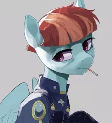 Size: 739x811 | Tagged: safe, artist:cadillacdynamite, derpibooru import, windy whistles, pegasus, pony, equestria at war mod, bust, cigarette, clothes, female, gray background, image, jpeg, lidded eyes, looking sideways, military, military uniform, missing freckles, simple background, solo, tired, uniform, wings