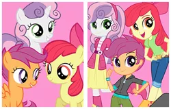 Size: 440x280 | Tagged: safe, derpibooru import, official, apple bloom, scootaloo, sweetie belle, earth pony, pegasus, pony, unicorn, equestria girls, apple bloom's bow, bow, cutie mark crusaders, female, filly, foal, hair bow, hairband, image, multeity, png, self paradox, self ponidox, trio, trio female