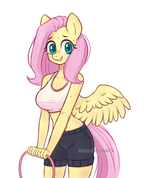 Size: 1213x1454 | Tagged: safe, artist:handgunboi, derpibooru import, fluttershy, anthro, pegasus, blushing, bra, breasts, busty fluttershy, clothes, crop top bra, female, image, jpeg, looking at you, shorts, simple background, smiling, solo, spread wings, sweat, underwear, white background, wings