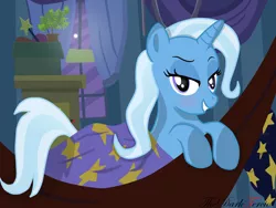 Size: 1600x1200 | Tagged: safe, artist:thedarktercio, derpibooru import, trixie, pony, unicorn, bedroom, bedroom eyes, cute, diatrixes, female, image, jpeg, looking at you, smiling, smiling at you, solo