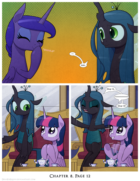 Size: 1200x1552 | Tagged: safe, artist:deusexequus, derpibooru import, princess luna, queen chrysalis, twilight sparkle, twilight sparkle (alicorn), alicorn, changeling, changeling queen, pony, comic:fix, comic, eyes closed, female, image, open mouth, png, speech bubble