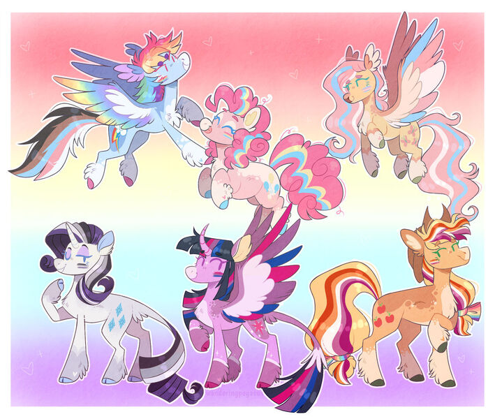 Size: 1280x1083 | Tagged: safe, artist:wanderingpegasus, derpibooru import, applejack, fluttershy, pinkie pie, rainbow dash, rarity, twilight sparkle, twilight sparkle (alicorn), alicorn, pegasus, pony, unicorn, alternate hairstyle, applejack's hat, asexual, asexual pride flag, bisexual pride flag, cowboy hat, curved horn, eyes closed, eyeshadow, face paint, female, flying, freckles, gay pride flag, hat, horn, image, jpeg, leonine tail, lesbian pride flag, makeup, mane six, mare, markings, mouthpiece, one eye closed, pansexual, pansexual pride flag, pride, pride flag, pride month, redesign, tail, trans female, transgender, transgender pride flag, twitterina design, unshorn fetlocks, wink