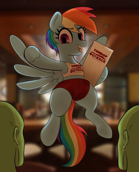 Size: 3297x4096 | Tagged: safe, artist:_ton618_, derpibooru import, rainbow dash, oc, human, pegasus, pony, clothes, eyebrows, eyebrows visible through hair, female, female focus, flying, high res, hostess, human oc, image, jpeg, male, mare, open mouth, open smile, outback steakhouse, restaurant, short hair, shorts, smiling, solo focus, spread wings, tanktop, tomboy, tomboy outback, trio, wings