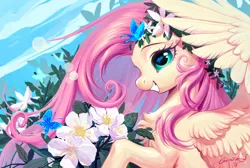 Size: 2048x1378 | Tagged: safe, artist:paipaishuaige, derpibooru import, fluttershy, butterfly, insect, pegasus, pony, chest fluff, flower, image, png, smiling, solo, wings