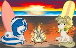 Size: 671x429 | Tagged: safe, artist:mscherbear, derpibooru import, oc, oc:mission belle, oc:silver strand, unofficial characters only, earth pony, pony, unicorn, 2016, beach, campfire, duo, duo female, earth pony oc, eyes closed, female, horn, image, mare, png, sunset, surfboard, unicorn oc