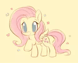 Size: 1330x1077 | Tagged: safe, artist:tamabel, derpibooru import, fluttershy, butterfly, insect, pegasus, pony, chibi, cute, female, image, jpeg, mare, no pupils, shyabetes, simple background, solo, yellow background