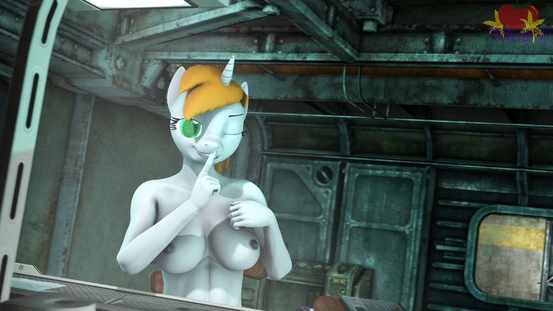 Size: 3840x2160 | Tagged: questionable, artist:marianokun, derpibooru import, edit, oc, oc:littlepip, unofficial characters only, anthro, unicorn, fallout equestria, 3d, abs, breasts, busty littlepip, fallout, green eyes, horn, image, looking at you, nipples, nude edit, nudity, one eye closed, png, shhh, smiling, smiling at you, source filmmaker, unicorn oc, vault, wink, winking at you