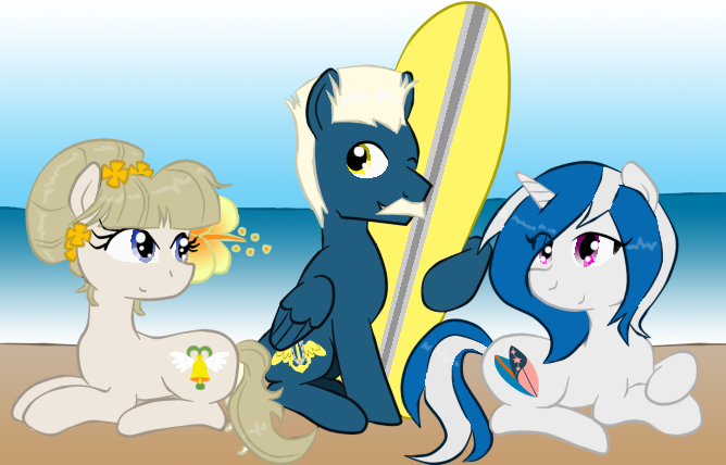 Size: 668x428 | Tagged: safe, artist:mscherbear, derpibooru import, oc, oc:mission belle, oc:rockwell, oc:silver strand, unofficial characters only, earth pony, pegasus, pony, unicorn, 2017, beach, earth pony oc, female, horn, image, male, mare, pegasus oc, png, stallion, surfboard, unicorn oc, wings