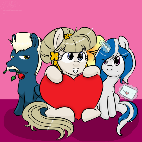 Size: 900x900 | Tagged: safe, artist:mscherbear, derpibooru import, oc, oc:mission belle, oc:rockwell, oc:silver strand, unofficial characters only, earth pony, pegasus, pony, unicorn, 2018, earth pony oc, flower, heart, horn, image, pegasus oc, png, rose, unicorn oc, wings