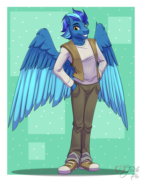 Size: 3500x4500 | Tagged: safe, artist:jack-pie, derpibooru import, oc, unofficial characters only, anthro, pegasus, plantigrade anthro, border, clothes, colored wings, commission, converse, hand in pocket, high res, image, male, multicolored wings, pants, pegasus oc, png, shoes, signature, smiling, solo, wings