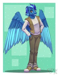 Size: 3500x4500 | Tagged: safe, artist:jack-pie, derpibooru import, oc, unofficial characters only, anthro, pegasus, plantigrade anthro, border, clothes, colored wings, commission, converse, hand in pocket, high res, image, male, multicolored wings, pants, pegasus oc, png, shoes, signature, smiling, solo, wings
