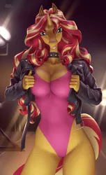Size: 4200x6900 | Tagged: suggestive, artist:holivi, derpibooru import, sunset shimmer, anthro, unicorn, backstage, breasts, busty sunset shimmer, cleavage, clothes, collar, female, grin, high res, hoers, horn, image, jacket, jpeg, leather jacket, leotard, lights, looking at you, signature, smiling, smiling at you, smirk, solo, solo female, spiked collar