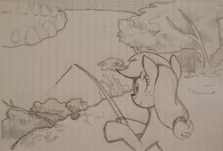 Size: 2266x1537 | Tagged: safe, artist:yidwags, derpibooru import, applejack, earth pony, pony, fishing, fishing rod, image, jpeg, lined paper, requested art, river, scenery, solo, traditional art, water