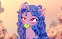 Size: 824x515 | Tagged: safe, artist:symbianl, artist:szafir87, derpibooru import, screencap, izzy moonbow, pony, unicorn, ambiguous facial structure, ball, bedroom eyes, blushing, chest fluff, cute, female, g5, image, izzy's tennis ball, mare, messy mane, mouth hold, nom, png, tennis ball