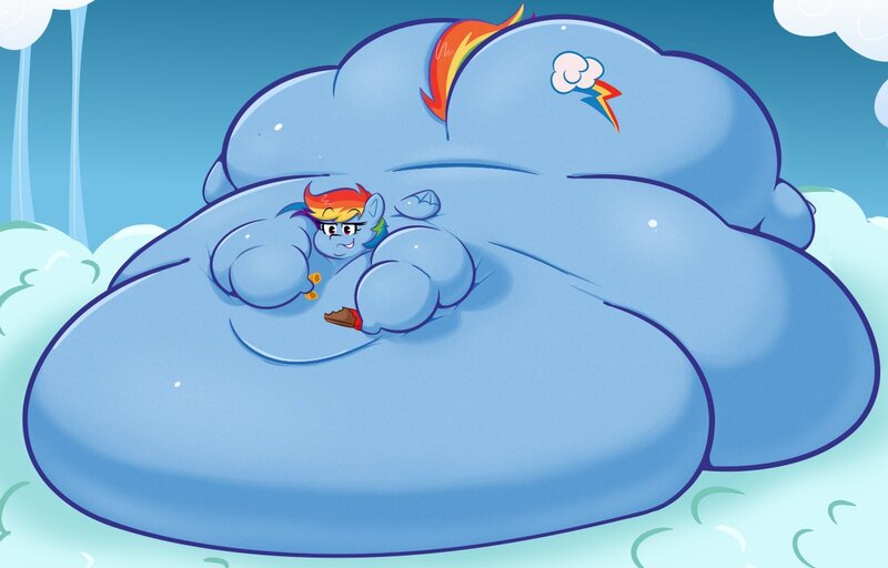 Size: 1277x817 | Tagged: questionable, artist:disco chaos, derpibooru import, rainbow dash, pegasus, pony, belly, belly bed, big belly, bingo wings, butt, chocolate, cloud, donut, eyebrows, eyebrows visible through hair, fat, female, food, huge belly, huge butt, image, immobile, impossibly large belly, impossibly large butt, jpeg, large butt, morbidly obese, obese, outdoors, rainblob dash, sky, smiling, solo