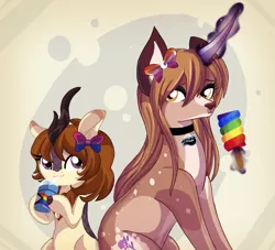 Size: 2674x2426 | Tagged: safe, artist:spookyle, derpibooru import, oc, oc:alwina, oc:pumpkin spell, unofficial characters only, deer, deer pony, kirin, original species, image, magic, png, pride flag