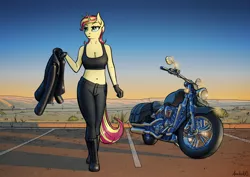 Size: 3508x2480 | Tagged: safe, artist:apocheck13, derpibooru import, sunset shimmer, anthro, unicorn, belly button, biker, bra, clothes, crop top bra, female, image, jacket, leather jacket, motorcycle, pants, png, solo, tanktop, underwear