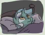 Size: 178x140 | Tagged: safe, artist:plunger, derpibooru import, lyra heartstrings, pony, unicorn, bed, blanket, concerned, female, image, lowres, lying down, mare, on back, pillow, png, solo