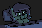 Size: 175x119 | Tagged: safe, artist:plunger, derpibooru import, oc, oc:anonfilly, unofficial characters only, earth pony, pony, chair, computer, earth pony oc, female, filly, image, keyboard, night, png, simple background, smiling, solo, table