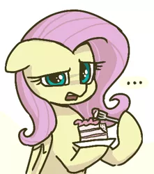 Size: 357x404 | Tagged: safe, artist:plunger, derpibooru import, fluttershy, pegasus, pony, ..., cake, confused, drawthread, eating, female, floppy ears, folded wings, food, fork, hoof hold, image, looking at you, mare, open mouth, png, simple background, uncomfortable, white background, wings