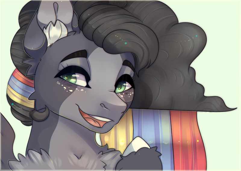 Size: 2817x2000 | Tagged: safe, artist:highrolleryt, derpibooru import, oc, unofficial characters only, pegasus, pony, bust, chest fluff, ear fluff, freckles, image, multicolored hair, pegasus oc, png, rainbow hair, smiling, solo, wings