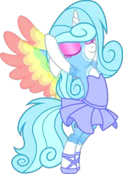 Size: 909x1277 | Tagged: safe, artist:tanahgrogot, derpibooru import, oc, oc:jeremy sparkle, unofficial characters only, alicorn, alicorn oc, arms in the air, ballerina, ballet, ballet slippers, bipedal, clothes, colored wings, dancing ballet, en pointe, horn, image, multicolored wings, png, rainbow wings, simple background, solo, transparent background, tutu, tututiful, wings