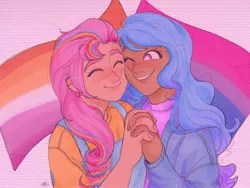 Size: 2048x1536 | Tagged: safe, artist:latiatonta, derpibooru import, izzy moonbow, sunny starscout, human, bisexual, eyes closed, female, g5, holding hands, humanized, image, jpeg, lesbian, pride flag, pride month