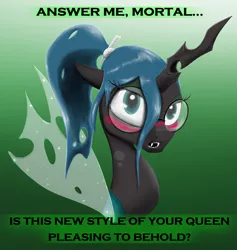 Size: 2200x2321 | Tagged: safe, artist:chopsticks, derpibooru import, queen chrysalis, changeling, changeling queen, alternate hairstyle, blushing, bone, cute, cutealis, dialogue, dork, dorkalis, fangs, female, glasses, image, looking at you, png, ponytail, solo, sparkly wings, talking to viewer, text, wings