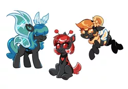 Size: 4138x2865 | Tagged: safe, artist:confetticakez, derpibooru import, oc, oc:honey pot, oc:love bug, oc:moon bright, unofficial characters only, bee, beeling, changeling, insect, moth, mothling, original species, blue changeling, changeling oc, cute, cuteling, image, ladybug changeling, png, red changeling, simple background, species swap, white background, yellow changeling