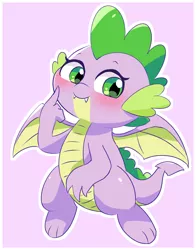 Size: 1636x2088 | Tagged: safe, artist:leo19969525, derpibooru import, spike, dragon, blushing, flying, green eyes, image, jpeg, looking at you, male, pink background, simple background, smiling, smiling at you, solo, spread wings, wings