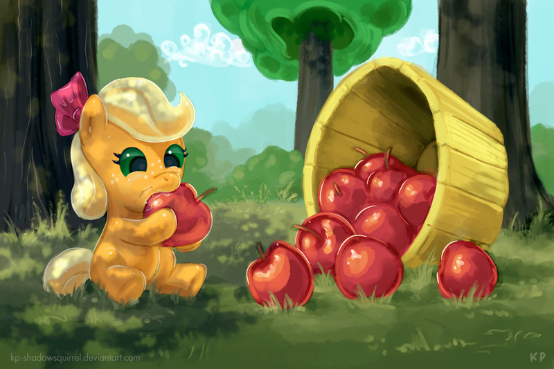 Size: 1200x800 | Tagged: safe, alternate version, artist:kp-shadowsquirrel, derpibooru import, applejack, earth pony, pony, apple, baby, baby pony, babyjack, basket, bow, bucket, dappled sunlight, eating, female, filly, foal, food, herbivore, image, jpeg, sitting, solo, younger