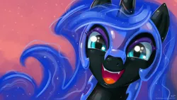 Size: 1920x1080 | Tagged: safe, alternate version, artist:kp-shadowsquirrel, derpibooru import, nightmare moon, pony, bust, cute, fangs, female, happy, image, jpeg, looking at you, mare, moonabetes, open mouth, portrait, smiling, solo, wallpaper