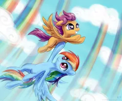 Size: 1200x1000 | Tagged: safe, artist:kp-shadowsquirrel, derpibooru import, rainbow dash, scootaloo, pegasus, pony, cloud, cloudy, crying, female, filly, flying, foal, holding, image, jpeg, mare, rainbow, scootaloo can't fly, scootalove, sky