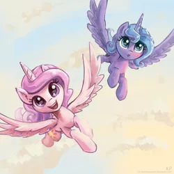 Size: 1500x1500 | Tagged: safe, artist:kp-shadowsquirrel, derpibooru import, princess celestia, princess luna, alicorn, pony, cewestia, cute, cutelestia, duo, female, filly, flying, foal, image, jpeg, looking at you, lunabetes, open mouth, pink-mane celestia, s1 luna, woona, younger