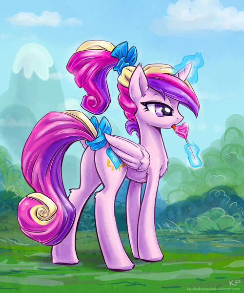 Size: 1250x1500 | Tagged: safe, artist:kp-shadowsquirrel, derpibooru import, princess cadance, alicorn, pony, alternate hairstyle, bow, butt, candy, chest fluff, female, food, image, jpeg, licking, lollipop, lovebutt, magic, plot, ponytail, solo, tail, tail bow, tail wrap, tongue out, younger