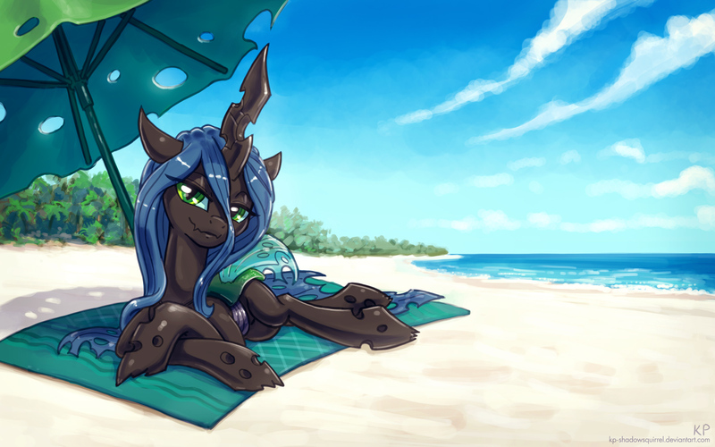 Size: 1600x1000 | Tagged: safe, alternate version, artist:kp-shadowsquirrel, derpibooru import, queen chrysalis, changeling, changeling queen, beach, female, image, jpeg, solo