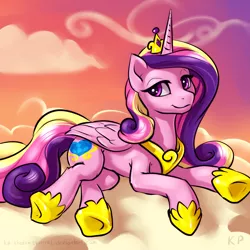 Size: 1500x1500 | Tagged: safe, alternate version, artist:kp-shadowsquirrel, derpibooru import, princess cadance, alicorn, pony, cloud, cloudy, female, image, lying down, mare, png, prone, smiling, solo