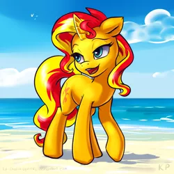 Size: 1500x1500 | Tagged: safe, artist:kp-shadowsquirrel, derpibooru import, sunset shimmer, pony, unicorn, backwards cutie mark, beach, female, image, lidded eyes, mare, open mouth, png, raised hoof, solo