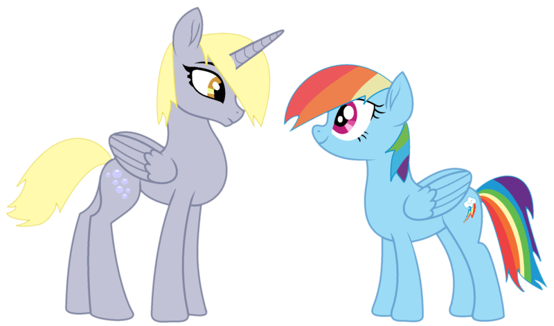 Size: 2493x1469 | Tagged: safe, artist:fantasia-bases, artist:twilyisbestpone, derpibooru import, derpy hooves, rainbow dash, alicorn, pegasus, pony, alicornified, base used, derpicorn, duo, duo female, eye contact, female, folded wings, full body, hooves, horn, image, looking at each other, looking at someone, mare, png, race swap, simple background, smiling, standing, tail, transparent background, wings