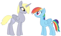 Size: 2493x1469 | Tagged: safe, artist:fantasia-bases, artist:twilyisbestpone, derpibooru import, derpy hooves, rainbow dash, alicorn, pegasus, pony, alicornified, base used, derpicorn, duo, duo female, eye contact, female, folded wings, full body, hooves, horn, image, looking at each other, looking at someone, mare, png, race swap, simple background, smiling, standing, tail, transparent background, wings
