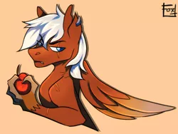 Size: 600x450 | Tagged: safe, artist:defiantfox, derpibooru import, oc, oc:terram, unofficial characters only, hippogriff, hybrid, pony, apple, claws, food, image, male, png, solo, talons, wings