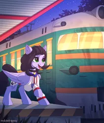 Size: 2000x2365 | Tagged: safe, artist:redchetgreen, derpibooru import, oc, oc:skiu, unofficial characters only, pegasus, pony, bell, bell collar, clothes, collar, commission, image, night, png, smiley face, solo, train, train station