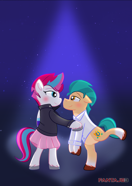 Size: 1380x1950 | Tagged: safe, artist:fantaje3, derpibooru import, hitch trailblazer, zipp storm, earth pony, pegasus, pony, bipedal, blushing, clothes, female, g5, hitchzipp, image, jacket, looking at each other, looking at someone, male, png, shipping, shirt, skirt, smiling, straight