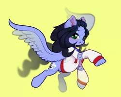 Size: 2600x2067 | Tagged: safe, artist:rrd-artist, derpibooru import, oc, oc:skiu, unofficial characters only, pegasus, pony, bell, bell collar, clothes, collar, commission, image, png, simple background, smiling, solo, spread wings, wings